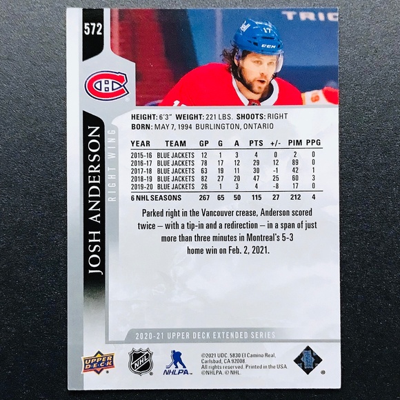 Josh Anderson - 2020-21 Upper Deck #572 - Picture 2 of 2